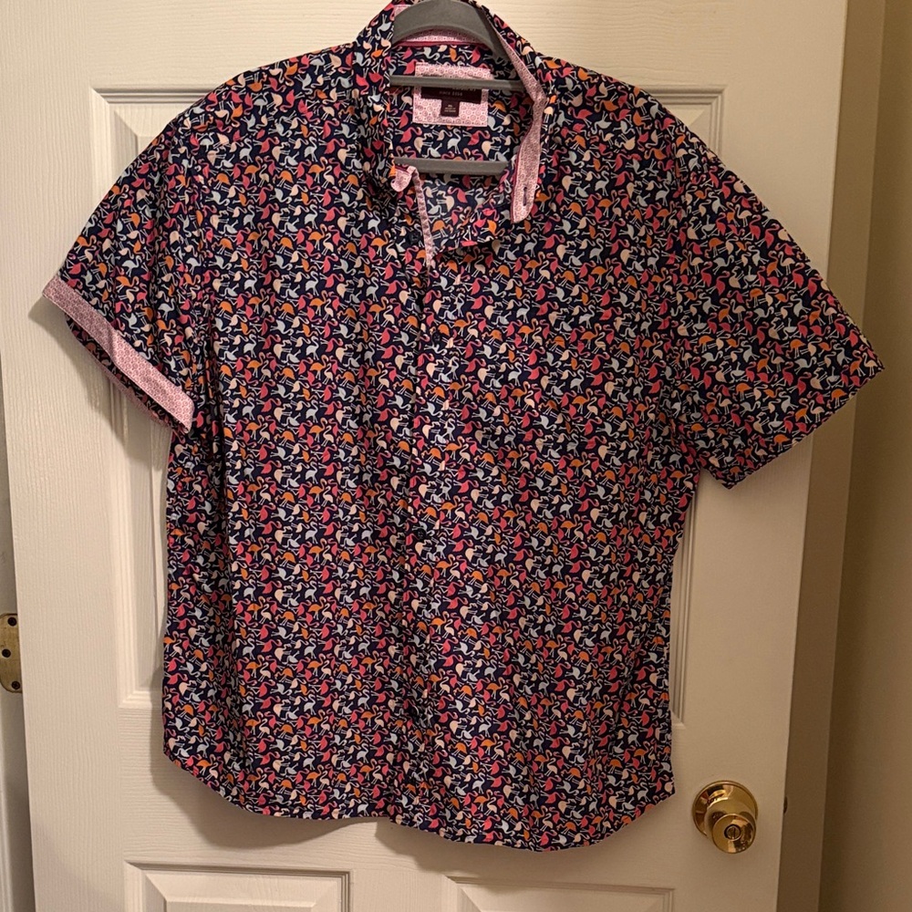Johnston & Murphy Navy and Pink Flamingo Patterned Shirt